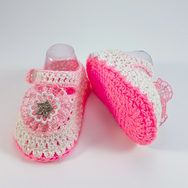 Πλεκτά λευκά-ροζ καλοκαιρινά παπουτσάκια για κορίτσια/ παπούτσια για μωρά με λουλούδια/ 0-12/ Crochet white-pink summer booties for girls-Αντίγραφο - κορίτσι, δώρο για νεογέννητο, βρεφικά ρούχα - 2