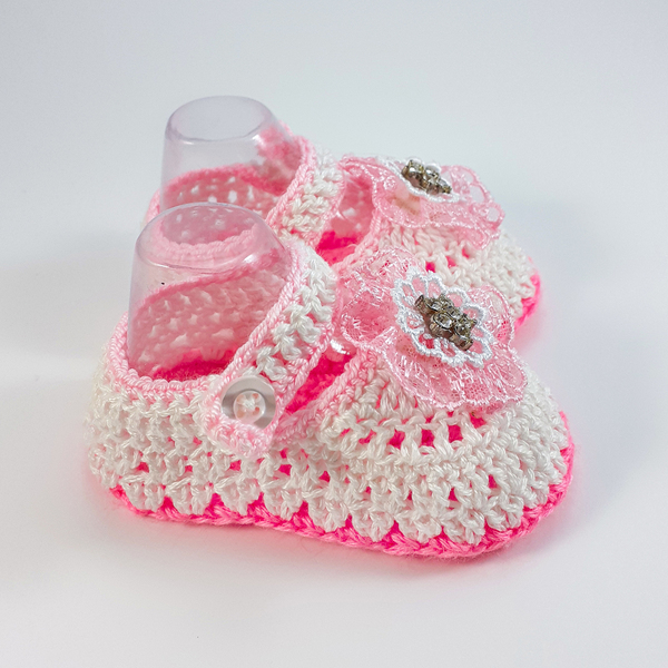 Πλεκτά λευκά-ροζ καλοκαιρινά παπουτσάκια για κορίτσια/ παπούτσια για μωρά με λουλούδια/ 0-12/ Crochet white-pink summer booties for girls-Αντίγραφο - κορίτσι, δώρο για νεογέννητο, βρεφικά ρούχα - 3