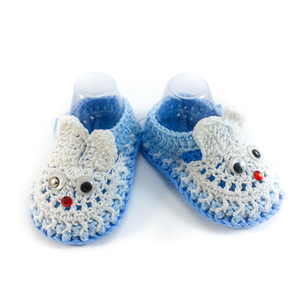 Πλεκτά μπλε-λευκά καλοκαιρινά παπούτσια για μωρά/ κουνελάκια/ 0-12/ Crochet blue-white Summer booties for a babies/ bunnies - βρεφικά ρούχα, αγόρι