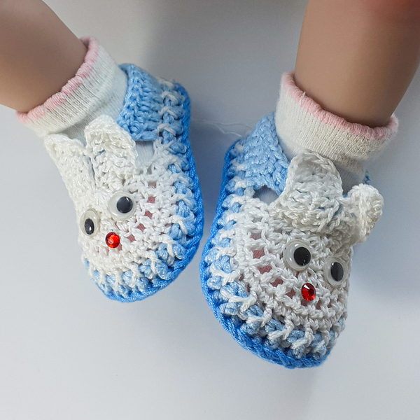 Πλεκτά μπλε-λευκά καλοκαιρινά παπούτσια για μωρά/ κουνελάκια/ 0-12/ Crochet blue-white Summer booties for a babies/ bunnies - αγόρι, βρεφικά ρούχα - 4