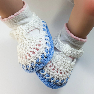 Πλεκτά μπλε-λευκά καλοκαιρινά παπούτσια για μωρά/ 0-12/ Crochet blue-white Summer booties for a babies/ - αγόρι, βρεφικά ρούχα - 4
