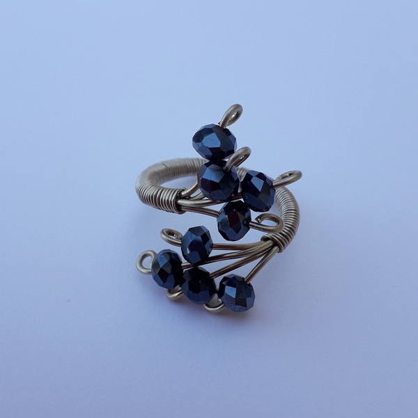 Δαχτυλίδι με αζαρντό και μαύρες χάντρες - αλπακάς, μεγάλα, αυξομειούμενα - 2