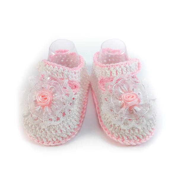 Πλεκτά λευκά-ροζ καλοκαιρινά παπουτσάκια για κορίτσια/ παπούτσια για μωρά με λουλούδια/ 0-12/ Crochet white-pink summer sandals for girls - κορίτσι, δώρο για νεογέννητο, βρεφικά ρούχα