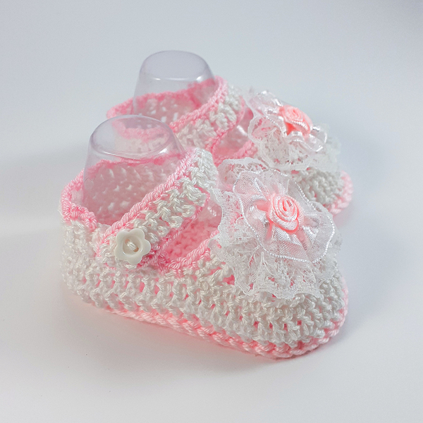 Πλεκτά λευκά-ροζ καλοκαιρινά παπουτσάκια για κορίτσια/ παπούτσια για μωρά με λουλούδια/ 0-12/ Crochet white-pink summer sandals for girls - κορίτσι, δώρο για νεογέννητο, βρεφικά ρούχα - 2