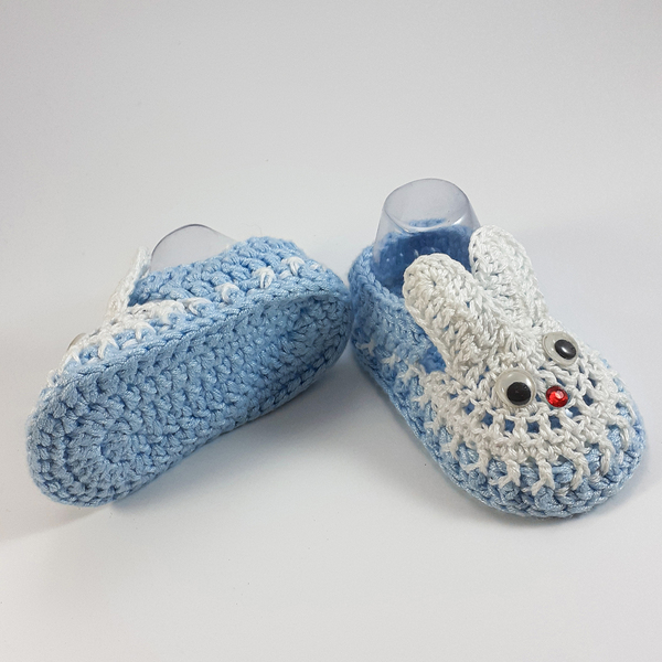 Πλεκτά γαλάζια-λευκά καλοκαιρινά παπούτσια για μωρά/ κουνελάκια/ 0-12/ Crochet blue-white Summer booties for a babies/ bunnies - αγόρι, βρεφικά ρούχα - 3