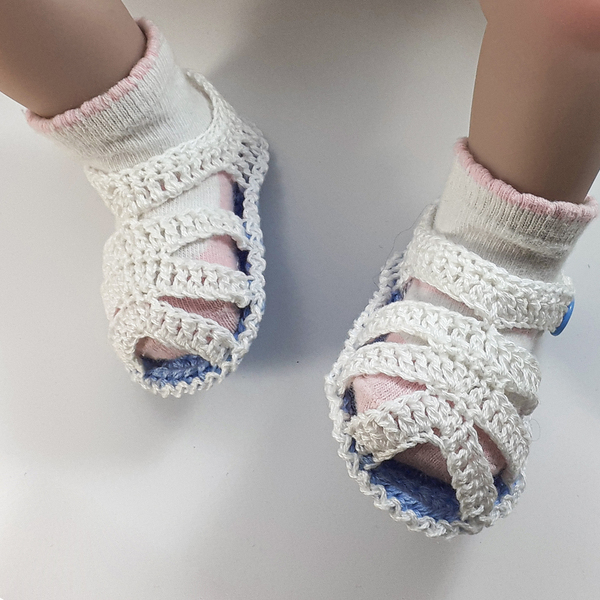 Πλεκτά λευκά-γαλάζια καλοκαιρινά σανδάλια για μωρά/ 0-12/ Crochet blue Summer booties for a babies - αγόρι, βρεφικά ρούχα - 4