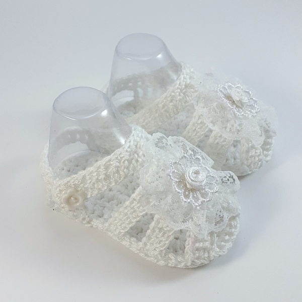 Πλεκτά λευκά καλοκαιρινά σανδάλια για κορίτσια/ παπούτσια για μωρά με λουλούδια/ 0-12/ Crochet white summer sandals for girls - κορίτσι, δώρο για νεογέννητο, βρεφικά ρούχα - 3