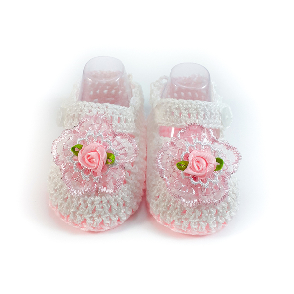 Πλεκτά λευκά-ροζ καλοκαιρινά παπουτσάκια για κορίτσια/ παπούτσια για μωρά με λουλούδια/ 0-12/ Crochet white-pink summer sandals with flowes for girls - κορίτσι, δώρο για νεογέννητο, βρεφικά ρούχα