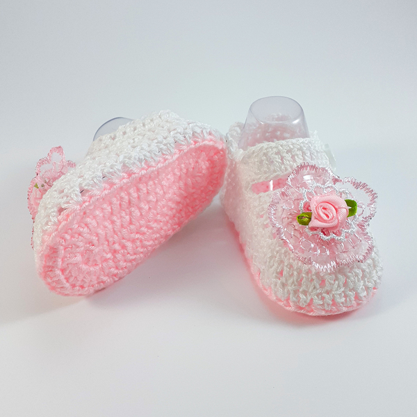 Πλεκτά λευκά-ροζ καλοκαιρινά παπουτσάκια για κορίτσια/ παπούτσια για μωρά με λουλούδια/ 0-12/ Crochet white-pink summer sandals with flowes for girls - κορίτσι, δώρο για νεογέννητο, βρεφικά ρούχα - 2