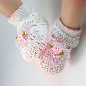 Πλεκτά λευκά-ροζ καλοκαιρινά παπουτσάκια για κορίτσια/ παπούτσια για μωρά με λουλούδια/ 0-12/ Crochet white-pink summer sandals with flowes for girls - κορίτσι, δώρο για νεογέννητο, βρεφικά ρούχα - 4