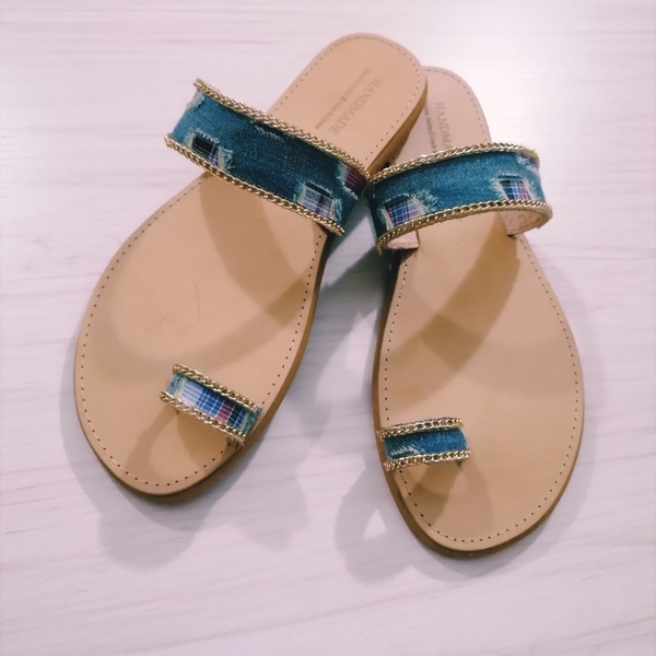 Sandal jean - δέρμα, ύφασμα, αρχαιοελληνικό, φλατ, μαμά και κόρη, slides
