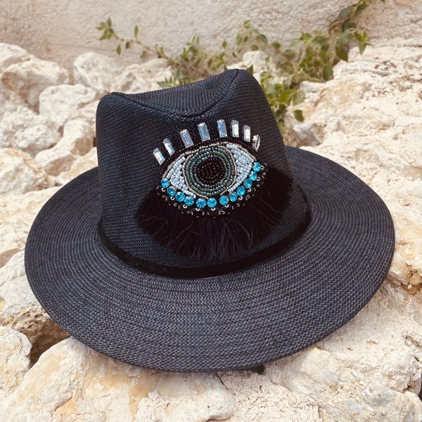 Ψάθινο καπέλο - Boho crystal eye - απαραίτητα καλοκαιρινά αξεσουάρ, boho, καπέλα, ψάθινα - 3