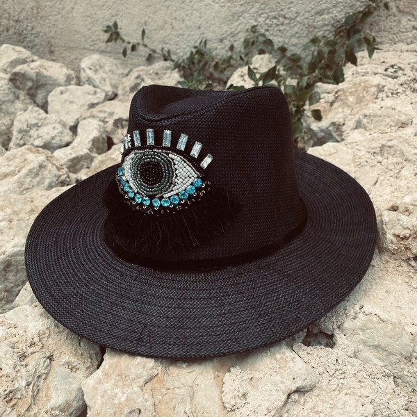 Ψάθινο καπέλο - Boho crystal eye - απαραίτητα καλοκαιρινά αξεσουάρ, boho, καπέλα, ψάθινα - 4