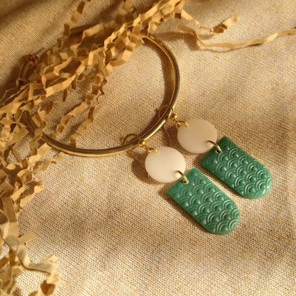 Emerald dreams - Χειροποίητα κρεμαστά σκουλαρίκια από πολυμερικό πηλό - ασήμι, πηλός, boho, κρεμαστά - 3