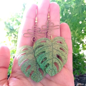 Σκουλαρίκια ρητίνης ημιδιάφανα σε σχήμα monstera leaves. - μακριά, λουλούδι, κρεμαστά, μεγάλα, φθηνά - 3