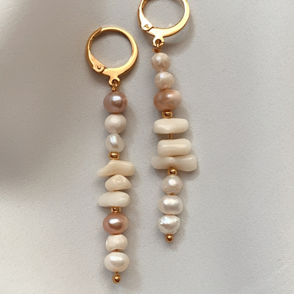 Σκουλαρίκια με μαργαριταρια - ημιπολύτιμες πέτρες, επιχρυσωμένα, μακριά, κρεμαστά, μεγάλα - 2