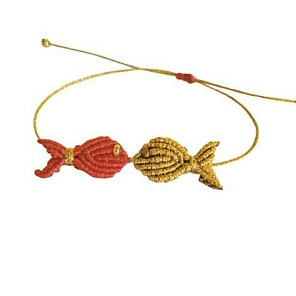 Βραχιόλι μακραμέ Kissing Fishes Κόκκινο - Χρυσό - ψάρι, μακραμέ, χεριού, αυξομειούμενα