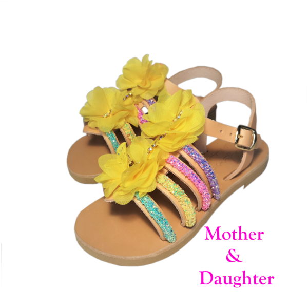 Σετ 2 Yellow Rainbow Sandals - Mother & Daughter set χειροποίητο δερμάτινο σανδάλι σε κίτρινο χρώμα - δέρμα, λουλούδια, boho, φλατ, ankle strap