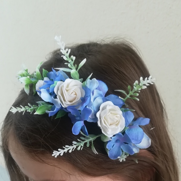 Στέκα παιδική με γαλάζια ορτανσία και άσπρα τριαντάφυλλα - κορίτσι, αξεσουάρ μαλλιών - 4