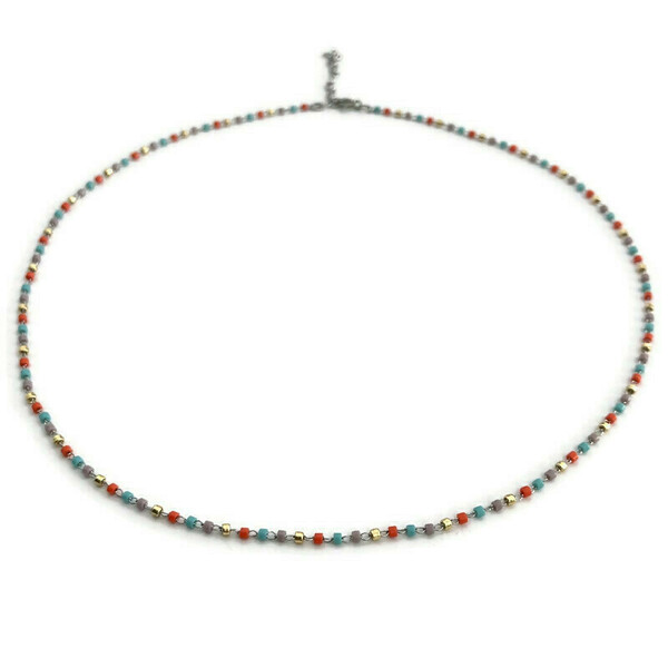 Κολιέ μίνιμαλ με ατσάλινη αλυσίδα & χρωματιστές χάντρες - επάργυρα, κοντά, ατσάλι, seed beads