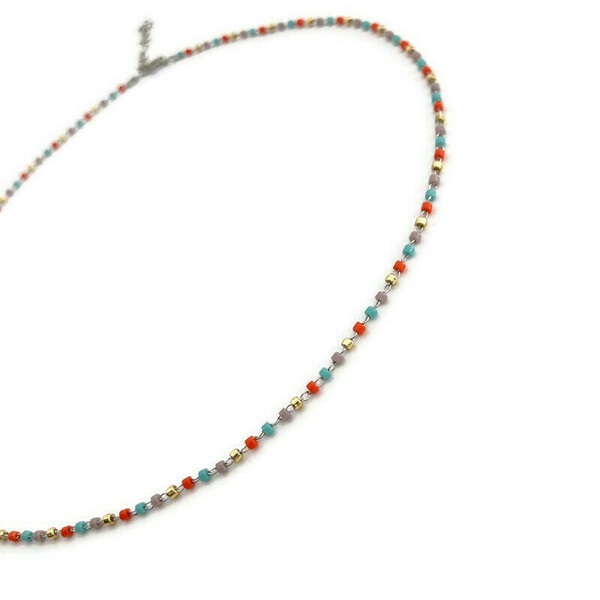 Κολιέ μίνιμαλ με ατσάλινη αλυσίδα & χρωματιστές χάντρες - επάργυρα, κοντά, ατσάλι, seed beads - 2