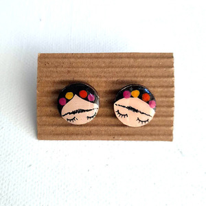 Stud earrings "Frida"!!!". - ξύλο, γυαλί, ζωγραφισμένα στο χέρι, καρφωτά - 2