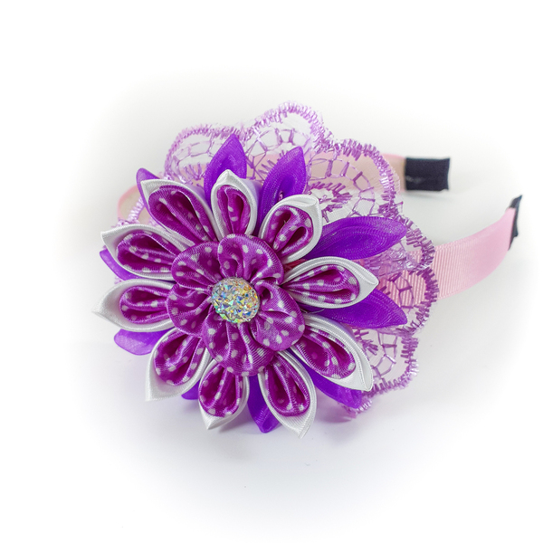 Χειροποίητα μοβ στέκα για κορίτσια/ στεφάνη/ 3-8 ετών/ Handmade violet hairband for girls / kanzashi - κορίτσι, στεφάνια, δώρο, για παιδιά, στέκες
