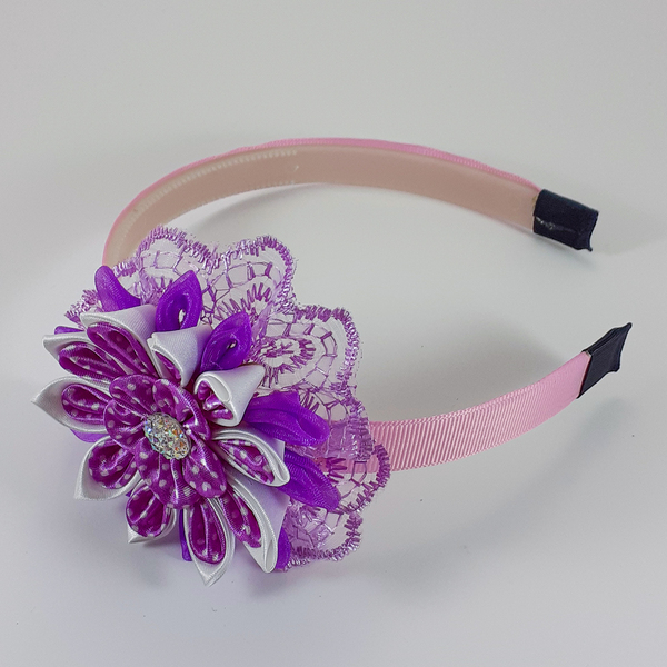 Χειροποίητα μοβ στέκα για κορίτσια/ στεφάνη/ 3-8 ετών/ Handmade violet hairband for girls / kanzashi - κορίτσι, στεφάνια, δώρο, για παιδιά, στέκες - 4