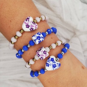 Βραχιόλι κεραμικός κύβος με λουλούδια και κρυστάλλινες χάντρες - μπλε - χάντρες, κύβος, χεριού, αυξομειούμενα - 3