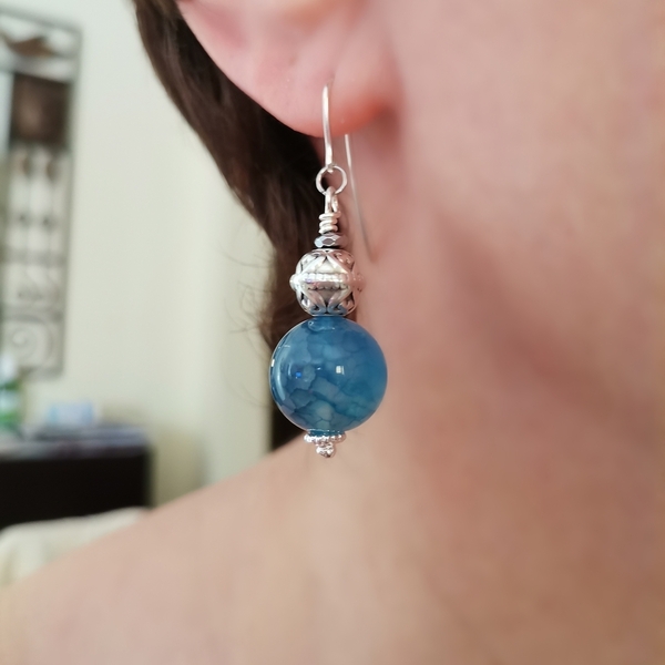 Κρεμαστά σκουλαρίκια με μπλε αχάτη κρακελέ (ασήμι) - ασήμι, ημιπολύτιμες πέτρες, ορείχαλκος, επάργυρα, μικρά, κρεμαστά - 2