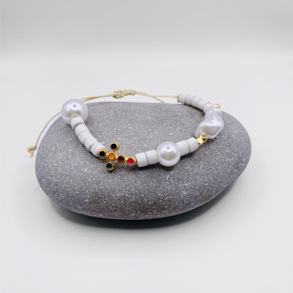 Βραχιόλι με ημιπολιτιμες πέτρες - Pearl and cross - charms, μαργαριτάρι, σταυρός, αυξομειούμενα - 2