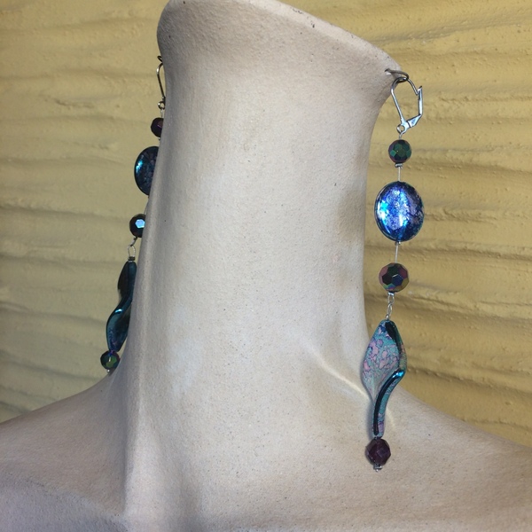 Πολύ μακριά σκουλαρίκια από φανταιζί χάντρες σε 2 χρώματα - κρεμαστά, μεγάλα, faux bijoux, φθηνά - 3