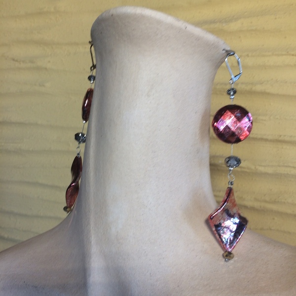 Πολύ μακριά σκουλαρίκια από φανταιζί χάντρες ασημοκόκκινο - κρεμαστά, μεγάλα, faux bijoux, φθηνά - 3