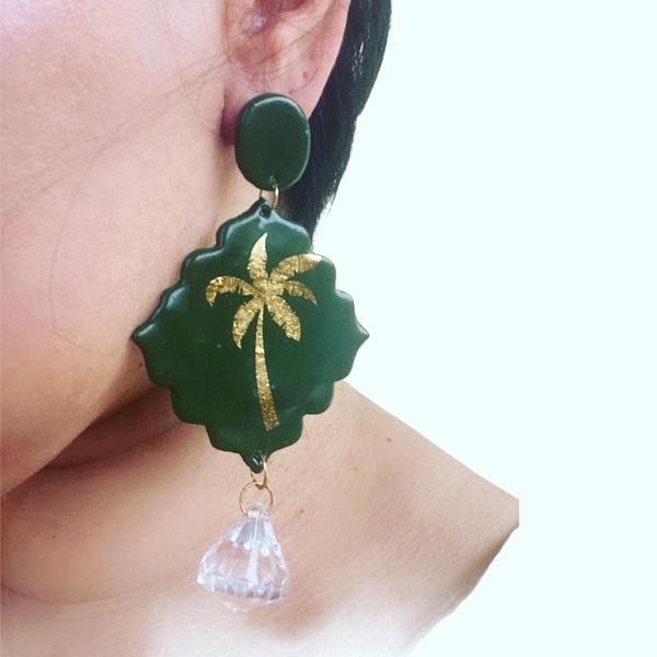 Κρεμαστά σκουλαρίκια από πολυμερή πηλό/ “Palm tree” - πηλός, κρεμαστά, μεγάλα, faux bijoux, φθηνά - 3