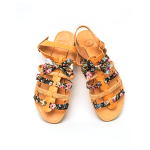 Blaire Sandals - φλατ, λουλούδια, δέρμα, φιόγκος, χειροποίητα, ankle strap, ταμπά