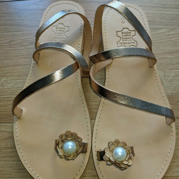Gold Sandals - δέρμα, πέρλες, φλατ, ankle strap