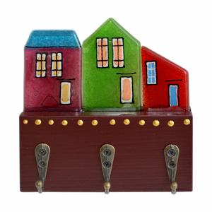 Ξύλινη Κλειδοθήκη με Γυάλινα Σπιτάκια 13χ12χ4,5 μπορντό - amythito 671215030001 - ξύλο, γυαλί, χειροποίητα, σπιτάκι, κλειδοθήκες