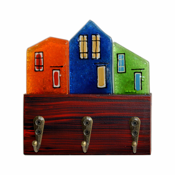 Ξύλινη Κλειδοθήκη με Γυάλινα Σπιτάκια 13χ12χ4,5 μπορντό - amythito 671215063001 - ξύλο, γυαλί, χειροποίητα, σπιτάκι, κλειδοθήκες
