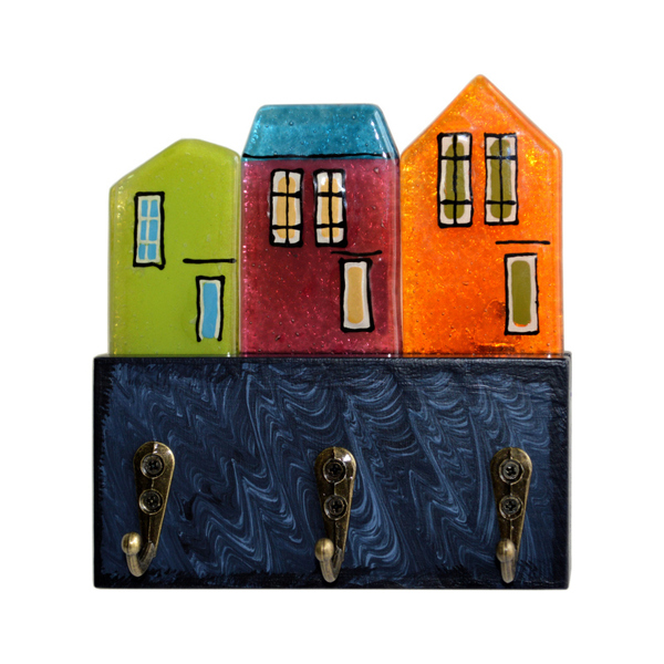 Ξύλινη Κλειδοθήκη με Γυάλινα Σπιτάκια 13χ12χ4,5 μαύρο - amythito 671215062001 - ξύλο, γυαλί, χειροποίητα, σπιτάκι, κλειδοθήκες
