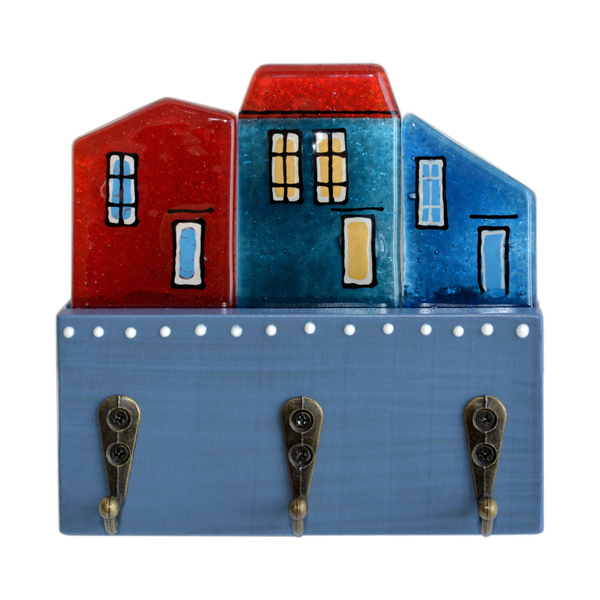 Ξύλινη Κλειδοθήκη με Γυάλινα Σπιτάκια 13χ12χ4,5 μπλε - amythito 671215031001 - ξύλο, γυαλί, χειροποίητα, σπιτάκι, κλειδοθήκες