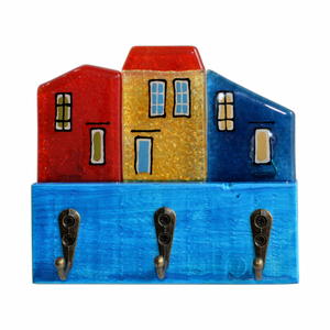 Ξύλινη Κλειδοθήκη με Γυάλινα Σπιτάκια 13χ12χ4,5 μπλε - amythito 671215054001 - ξύλο, γυαλί, χειροποίητα, σπιτάκι, κλειδοθήκες