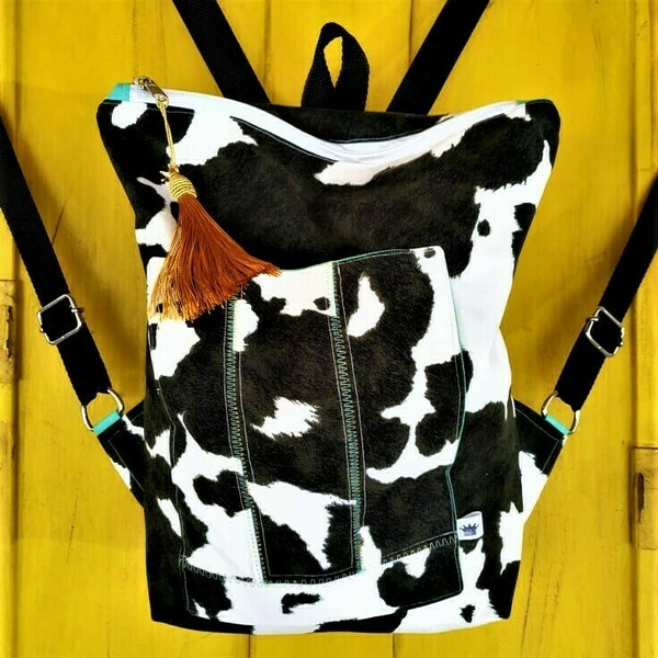 Γυναικεια τσαντα πλατης χειροποιητο backpack απο ύφασμα με μοτίβο "το τρίχωμα της αγελάδας" - ύφασμα, πλάτης, σακίδια πλάτης, all day - 3