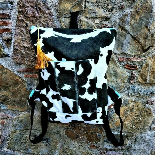 Γυναικεια τσαντα πλατης χειροποιητο backpack απο ύφασμα με μοτίβο "το τρίχωμα της αγελάδας" - ύφασμα, πλάτης, σακίδια πλάτης, all day - 4