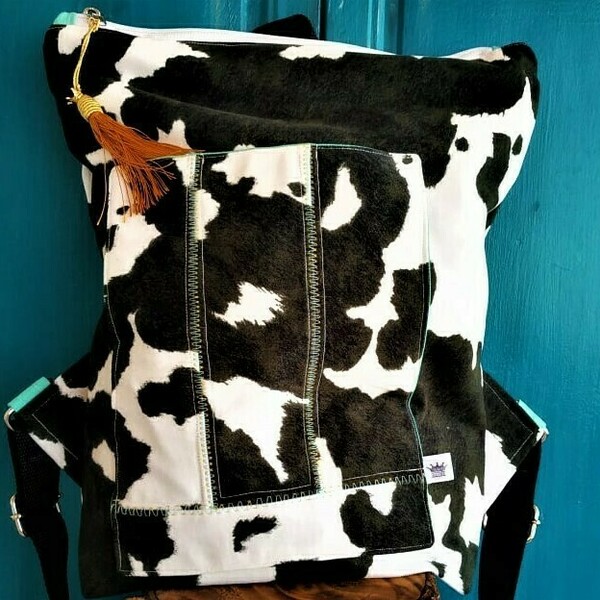 Γυναικεια τσαντα πλατης χειροποιητο backpack απο ύφασμα με μοτίβο "το τρίχωμα της αγελάδας" - ύφασμα, πλάτης, σακίδια πλάτης, all day - 5