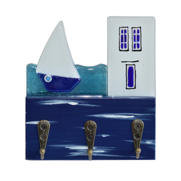 Κλειδοθήκη από Γυαλί & Ξύλο 13χ12χ4,5 μπλε - amythito 671214160001 - ξύλο, γυαλί, χειροποίητα, σπιτάκι, κλειδοθήκες