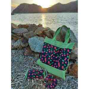 Υφασμάτινη τσάντα πράσινη με κεράσια - ώμου, all day, θαλάσσης, tote, τσαντάκια - 2