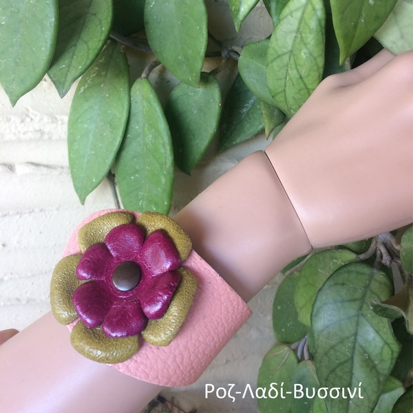Δερμάτινο βραχιόλι καρπού (μανσέτα) με δερμάτινο λουλούδι σε 3 χρώματα - δέρμα, χεριού, αυξομειούμενα, φαρδιά - 2