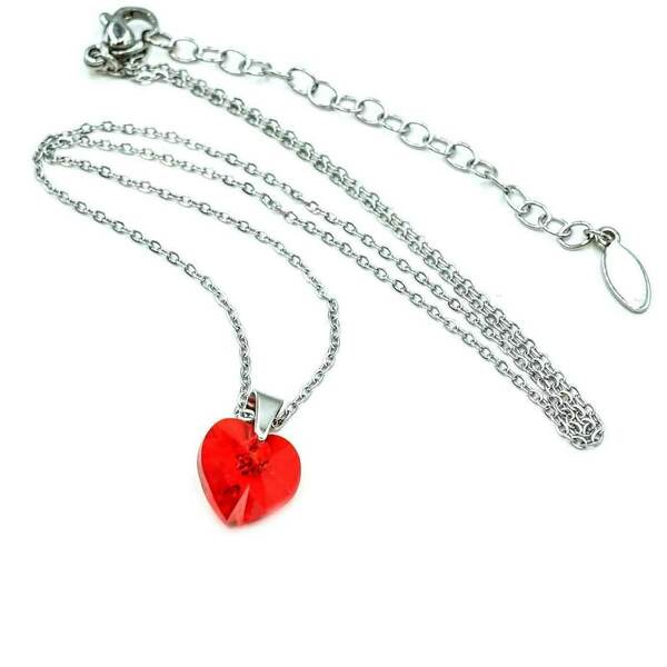 Κολιέ Γυναικείο, Καρδιά Κρυστάλλινη, Κόκκινο Χρώμα, Ατσάλινη Αλυσίδα 45εκ Nikolas Jewelry - καρδιά, κοντά, ατσάλι, μενταγιόν