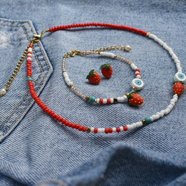 Strawberry Frenzy Choker | Πολύχρωμο κολιέ με χάντρες, ημιπολύτιμους λίθους και χειροποίητες χάντρες φράουλα και μάτι (ατσάλι, πηλός) (αυξομειούμενο) - ημιπολύτιμες πέτρες, τσόκερ, μάτι, seed beads, αυξομειούμενα - 3
