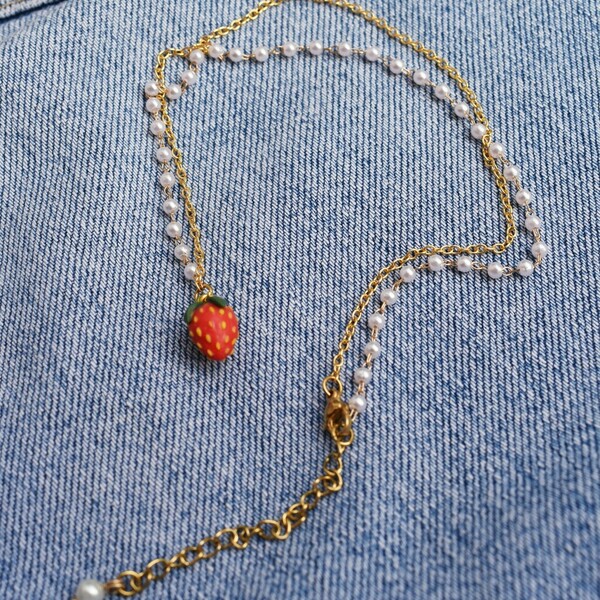 Strawberry Minimal Necklace | Κολιέ με χειροποίητη φράουλα από πηλό (επιχρυσωμένος ορείχαλκος, ατσάλι) (50εκ.) (αυξομειούμενο) - charms, πηλός, κοντά, πέρλες - 4